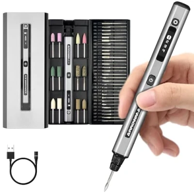 Abbildung von ARROWMAX Mini Gravierstift, HollowCup Motor, 42 Bits mit Aluminiumgehäuse, OLED, magnetische Ladung, Rotationswerkzeug, kabelloser Gravierstift für Schmuck, Metall, Glas und Kunststoff (SGS)