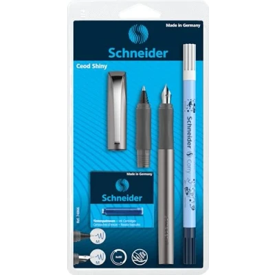 Abbildung von Schneider 74866 Ceod Shiny Schreibset mit Füller, Tintenroller, Tintenkiller (Rechts und Linkshänder, M Feder, inkl. Tintenpatronen königsblau) graphit