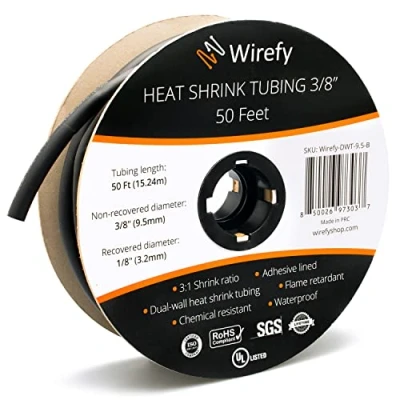 Abbildung von Wirefy Schrumpfschlauch Metrware mit Kleber 15m 3:1 Schrumpfverhältnis, Doppelwandiger Wasserdicht Heat Shrink Tube Set Schwarz Ø 9,5mm