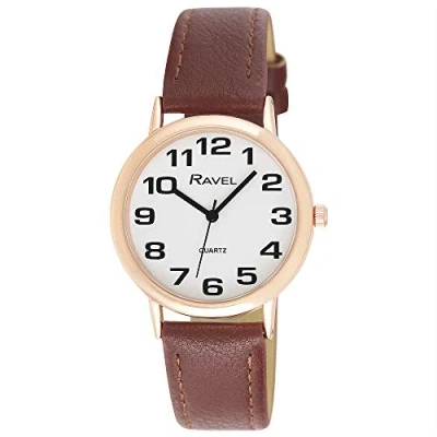 Abbildung von Ravel Damen Armbanduhr mit großen Ziffern Braun/Roségold ton/weißes Zifferblatt