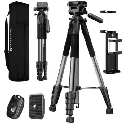Abbildung von K&amp;F Concept Kamerastativ S255A3+BV01,Leichtes Stativ mit Tasche,190cm Handystativ,Tripod für Canon Nikon Sony Kamera/DSLR,Stativ Smartphone,Reisestativ Handy Tablet Halterung(Schwarz)