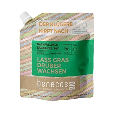 Abbildung von benecosBIO Nachfüllbeutel Duschgel 2in1 BIO Hanf Haut &amp; Haar LASS GRAS DRÜBER WACHSEN vegan recyceltes Plastik
