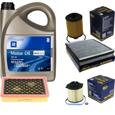 Abbildung von Inspektionspaket Wartungspaket Filterset mit 5L Motoröl 5W 30 Dexos2, Ölfilter, Luftfilter, Innenraumfilter (Aktivkohlefilter), Kraftstofffilter