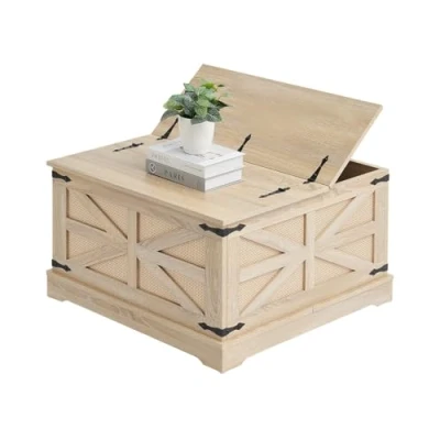 Abbildung von VEVOR Rattan Couchtisch rechteckiger Kaffeetisch aus PE Geflechtholz mit MDF Platte, 80 cm moderner Boho Stauraum &amp; Retro Metallscharnieren, für Wohnzimmer, Schlafzimmer