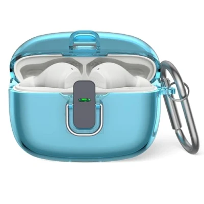 Abbildung von Schutzhülle für JBL Vibe Beam, MOWYEOK transparentes TPU Sicherheitsschloss Gehäuse, Anwendbar auf die Beam/JBL Wave 200TWS Ohrhörer, mit Karabiner（Transparentes Blau）