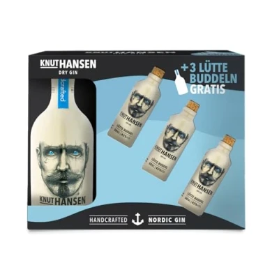 Abbildung von KNUT HANSEN DRY GIN Geschenkbox weltweit ausgezeichnet mit 3x gratis &#039;Lütte Buddeln&#039; 0,5l und 0,05l 42% vol.