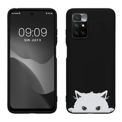 Abbildung von kwmobile Hülle kompatibel mit Xiaomi Redmi 10 (2021/2022) Handyhülle Silikon Case Neugierige Katze Schwarz Weiß