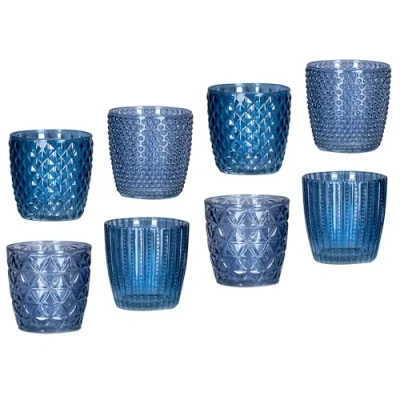 Abbildung von levandeo 8er Set Windlicht H7,5cm Glas Blau Teelichthalter Kerzen Retro Kerze Kerzenhalter Tischdeko Deko