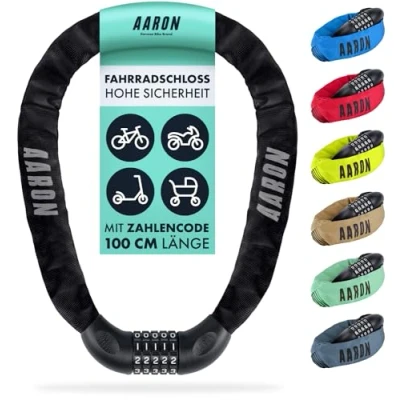 Abbildung von AARON Lock One Fahrradschloss mit 5 stelligem Zahlencode, Kettenschloss aus Stahl und hoher Sicherheitsstufe, Schloss für E Bike, Mountainbike, Trekkingrad, Tourenrad, Rennrad in schwarz