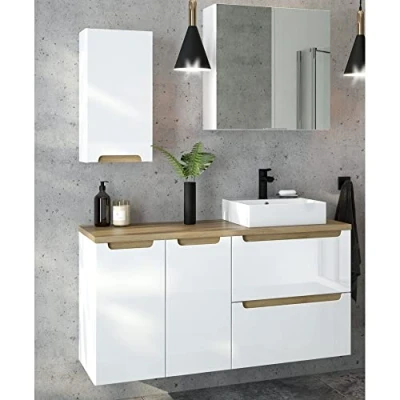 Abbildung von Lomadox Badezimmermöbel Badmöbel Set, Hochglanz weiß mitTrüffelbuche, 60cm Waschtischunterschrank mit 40cm Keramik Waschtisch, Spiegelschrank, 2 Unterschränke &amp; Hängeschrank