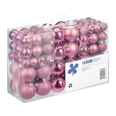 Abbildung von Relaxdays Weihnachtskugeln, 100er Set, Weihnachtsdeko, matt, glänzend, glitzernd, Christbaumkugel ∅ 3, 4 &amp; 6 cm, rosa