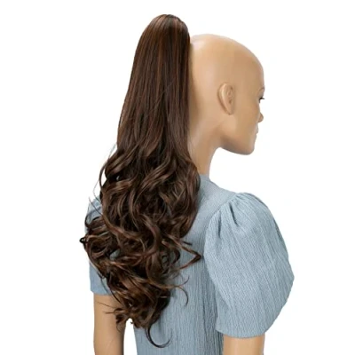 Abbildung von CAISHA 60cm Haarteil Ponytail Zopf Pferdeschwanz Haarverlängerung Voluminös Leicht Gewellt Braun Mix Strähnen H524