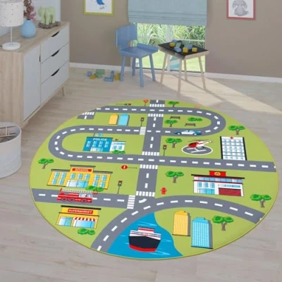 Abbildung von TT Home Kinderzimmerteppich Teppich Junge Mädchen Kinderteppich Baby rutschfest Straße, Farbe:Grün 2, Größe:160 cm Rund