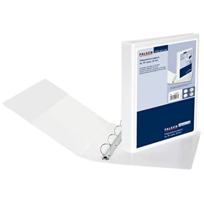 Abbildung von Original Falken Premium Präsentationsringbuch Kunststoffbezug außen und innen 4 Ring Mechanik DIN A4 Füllhöhe 20 mm weiß ideal für Angebots Unternehmenspräsentationen Ringbuch weiss