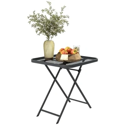 Abbildung von Outsunny Gartentisch klappbar 70 x70 cm, Wetterfest Balkontisch Stahl Klapptisch mit Ausschnitt Design, Esstisch Outdoor, quadrarisch Beistelltisch, Terrassentisch für Garten Terrasse Balkon Schwarz