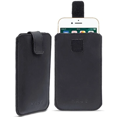Abbildung von Apple iPhone 8 Plus Leder Tasche Handy Hülle Cover Pull Tab Ledertasche Case, Farbe:Schwarz