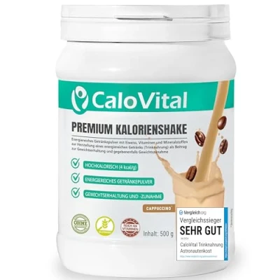 Abbildung von WEIGHT GAINER &amp; MASS hochdosiert für Masseaufbau und zum Zunehmen Trinknahrung hochkalorisch Gewichtszunahme CaloVital Premium Qualität aus Deutschland (Cappuccino 500g)