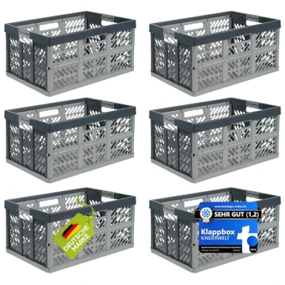 Abbildung von KiNDERWELT 6 x Robuste Profi Klappbox 45 L bis 50 kg Faltbox, Kiste, Korb zur Aufbewahrung, Transport silber/grau