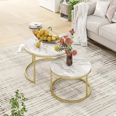 Abbildung von Marmor Couchtisch Gold, 2er Set mit 1 Großer Rund und Kleiner Tisch, Beistelltisch Weiss aus Metallgestell Wohnzimmertisch Modern