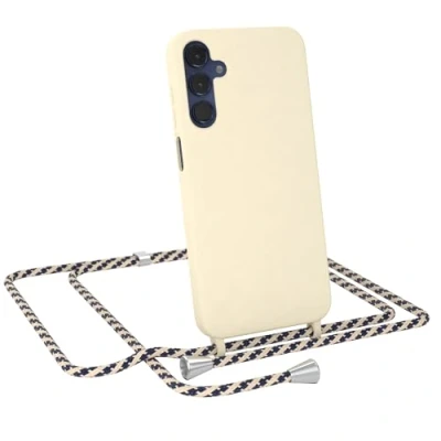 Abbildung von EAZY CASE Hülle mit Band kompatibel Samsung Galaxy A15 Handyhülle für Silikon Mikrofaser stoßfester Fallschutz Kette zum Umhängen Handykordel in Taupe Camouflage Clips Silber
