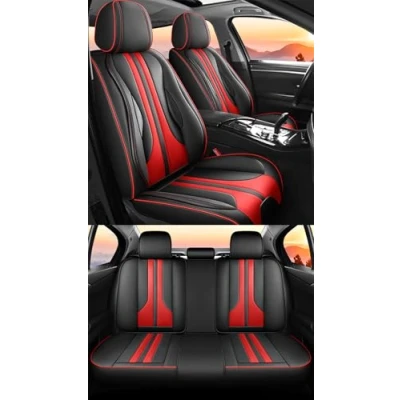 Abbildung von Congxy Autositzbezüge Komplett Set Universal in Premium Design Schonbezüge für die Vordersitze &amp; Rückbank Wasserdicht Sitzbezug Auto Sitzbezüge Airbag Geeignet, Rot