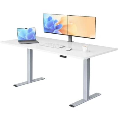 Abbildung von E.For.U® höhenverstellbarer Schreibtisch 180x80 cm, 2 Motoren, elektrisch höhenverstellbares Tischgestell mit Fach Teleskop, Memory Steuerung (Silber), DT20L Tischplatte (Weiß)