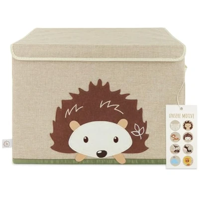 Abbildung von Bieco Spielzeugtruhe Aufbewahrungsbox mit Deckel 65L faltbar ca. 36x36x51cm Spielzeugkiste Kinder Kisten Groß Wickeltisch Organizer Igel Motiv