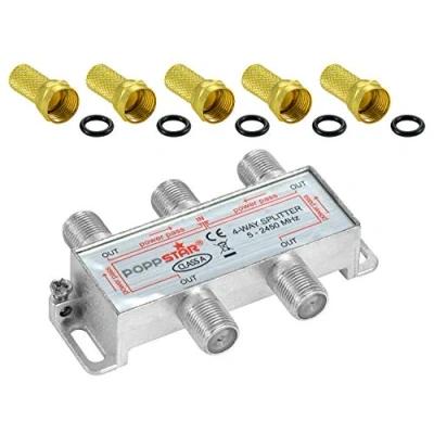Abbildung von Poppstar Sat Verteiler Splitter Umschalter 4 Fach inkl. F Stecker (analog/digital/BK/unicable/HD/4K tauglich) für TV, Satellit, Fernseher, Radio, LNB