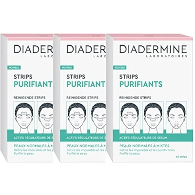 Abbildung von Diadermine Packung mit 3 x 6 reinigenden Streifen für das Gesicht gegen Mitesser/Verunreinigungen normale bis Mischhaut Talgregulierende Wirkstoffe reinigt die Haut