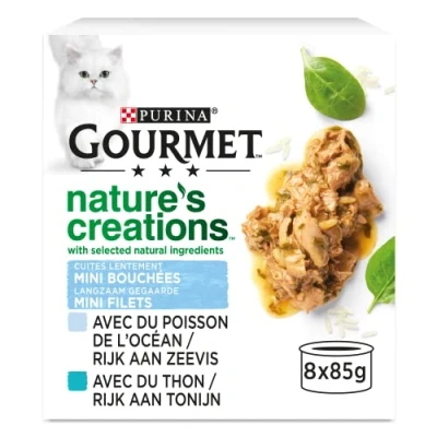 Abbildung von GOURMET Nature&#039;s Creations Erwachsene Katze Mini Häppchen Ocean Fish Füllung, Spinat &amp; Reis, Thunfisch, Tomaten 8 x 85 g (Box)