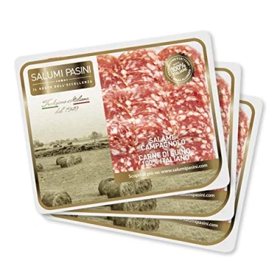 Abbildung von Salame Campagnolo, linie Piaceri Quotidiani, 3 aufgesschnitten in der schale, Salumi Pasini, 70 gr cad.