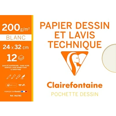 Abbildung von Clairefontaine 96278C Mappe Zeichenpapier (ideal für technische Zeichnungen, 24 x 32 cm, 12 Bögen, 200 g) weiß