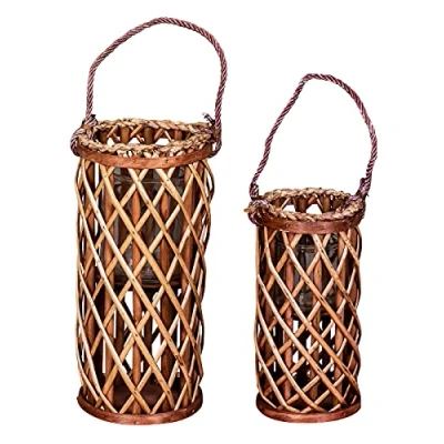 Abbildung von levandeo 2er Set Laterne Windlicht H40cm H31cm Kupfer Braun Holz Weiden geflochten Glaseinsatz Kerzenhalter Garten Deko