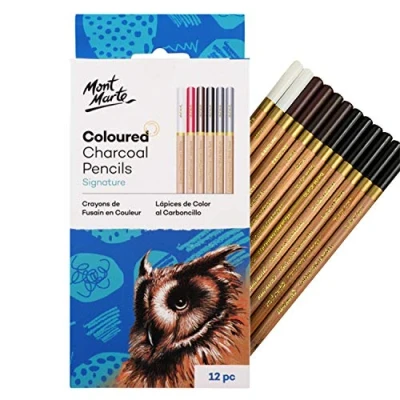 Abbildung von Mont Marte Kohlestift Zeichenstifte Set mit 12 x Zeichenkohle, in mischbaren Farbtönen, (Set, tlg., Ideal für Zeichnungen aller Art), weiß, rot braun, schwarz, unterschiedliche Härte, Anspitzbar