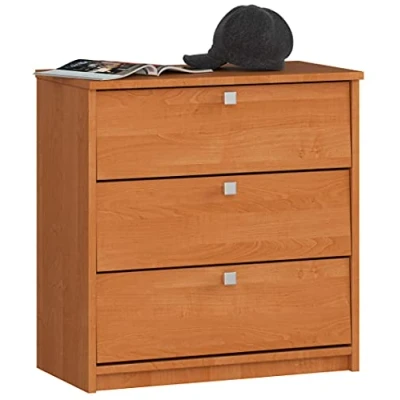 Abbildung von AKORD Schuhschrank mit 4 Schuhregalen und 3 Klapptüren Schuhkipper Schuhregal geschlossen Schuhbank Schuhaufbewahrung B60 x H62 T31 cm, Gewicht 21 kg Farbe Erle