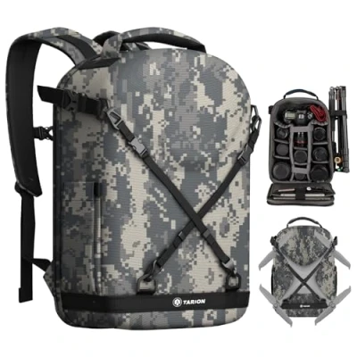 Abbildung von TARION Kamerarucksack, Fotorucksack mit Hartschale, Kameratasche 14,5 Zoll Laptopfach und Regenschutz, Rucksack für Drohnen, DSLR Spiegelreflexkameras, Zubehör(Camouflage)