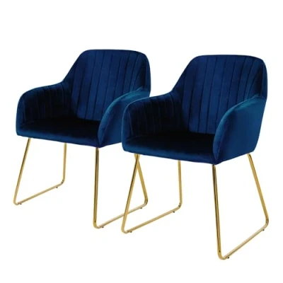 Abbildung von ML Design Esszimmerstühle 2er Set, Sitzfläche aus Samt, Blau, Wohnzimmerstuhl mit Rücken und Armlehnen, Küchenstuhl Gold Beine, Polsterstuhl Metallgestell, Ergonomische Sessel für Esstisch