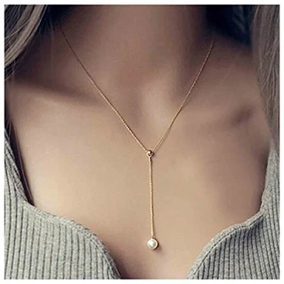 Abbildung von Yheakne Boho Pearl Y Lariat Halskette Lange Goldperlen Tropfen Kette Minimalistische Dangly Choker Schmuck für Frauen und Mädchen