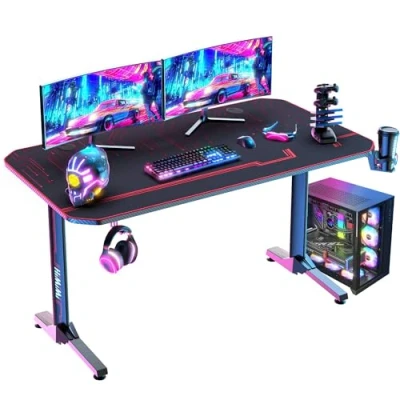 Abbildung von Himimi 140cm Gaming Tisch, 140x60x75 cm Ergonomischer Schreibtisch, PC Gamer Computer Tisch mit großer pad, Becherhalter, Kopfhörerhaken, Kabelmanagement &amp; Griffgestell für Home Office