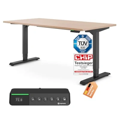Abbildung von Ergotopia Desktopia Pro x Elektrisch höhenverstellbarer Schreibtisch, Ergonomischer Stehtisch für Büro oder Home Office (Buche, Gestell Schwarz, 160 80 cm)