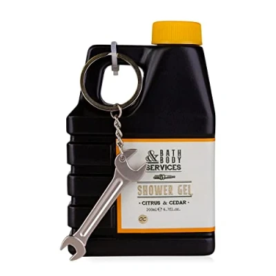 Abbildung von Accentra Duschgel BATH &amp; BODY SERVICES in Ölkanister Form, 200ml, inkl. Schlüsselanhänger Schraubenschlüssel Citrus Cedar Duft nachfüllbar