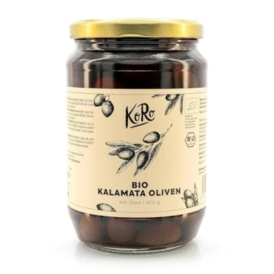 Abbildung von KoRo Bio Kalamata Oliven mit Stein 400 g einzigartig aromatisch natürliche in Salzlake original aus Griechenland ideal für Anti Pasti Gerichte