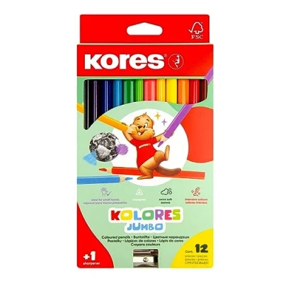 Abbildung von Kores Jumbo: 12 Dicke Farbstifte mit weicher Mine und dreieckiger Form, Set aus sortierten Farben inklusive Spitzer