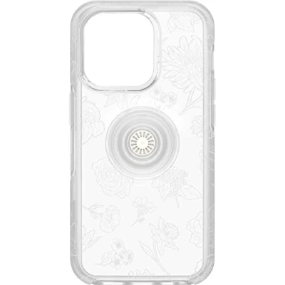 Abbildung von OtterBox iPhone 14 Pro Otter + Pop Symmetry Series Clear Case Blume des Monats (transparent), integrierte PopSockets PopGrip, schmal, taschenfreundlich, erhöhte Kanten schützen Kamera und Bildschirm