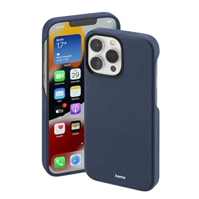 Abbildung von Hama Hülle für Apple iPhone 13 Pro kompatibel mit MagSafe (Magnetische induktives Laden, Handyhülle schützt vor Stößen, Kratzern und Schmutz, elegantes Case aus Kunstleder) blau