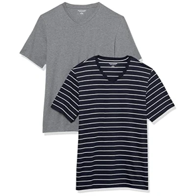 Abbildung von Amazon Essentials Herren Kurzärmliges T Shirt mit V Ausschnitt in normaler Passform (in Übergrößen erhältlich), 2er Pack, Grau Meliert/Marineblau Streifen, M