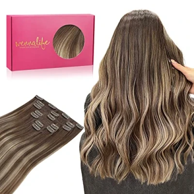 Abbildung von WENNALIFE Clip in Extensions Eechthaar, 45cm 18 Zoll 120g 7pcs Balayage Schokoladenbraun bis Honigblond Hair Echthaar Remy Haarverlängerung Natürliche Eechthaar