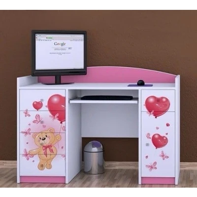 Abbildung von Happy Babies Schreibtisch für Kinder mit 5 Schubladen weiß Blau Kinderschreibtisch 125x89x60 Computertisch Tastaturablage Bürotisch Kinderzimmer Muster Bärenjunges