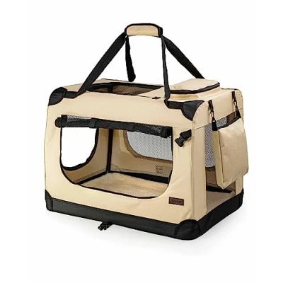 Abbildung von lionto Hundetransportbox faltbar für Reise &amp; Auto, 90x61x65 cm, stabile Transportbox mit Tragegriffen Decke Katzen Hunde bis 22 kg, robuste Hundebox aus Stoff klein groß, beige