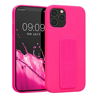Abbildung von kwmobile Handyhülle kompatibel mit Apple iPhone 12 / Pro Hülle Fingerhalter und Standfunktion Silikon Case Handy Cover in Neon Pink